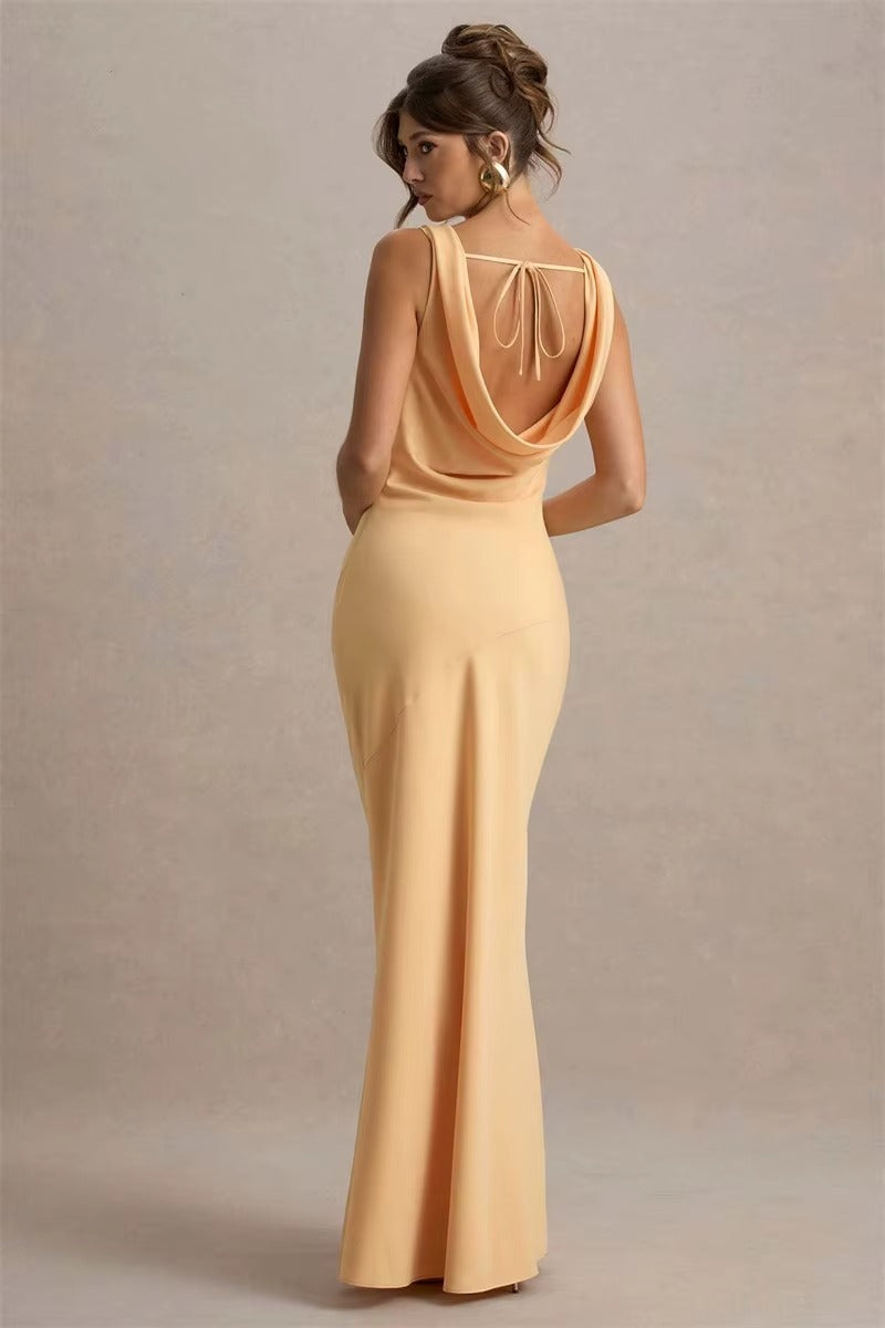 Bertha Satin Cowl Neck Backless Sexy Maxi Dress