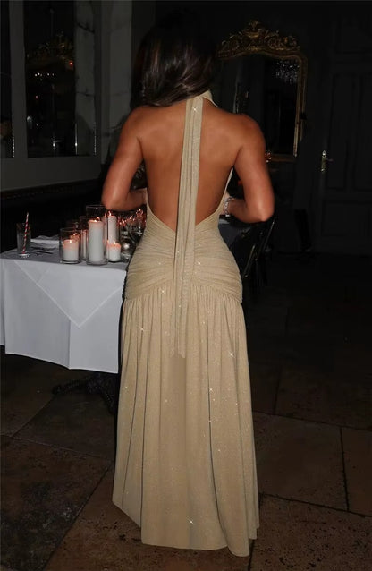 Aimee Glitter Deep V Neck Sexy Maxi Dress
