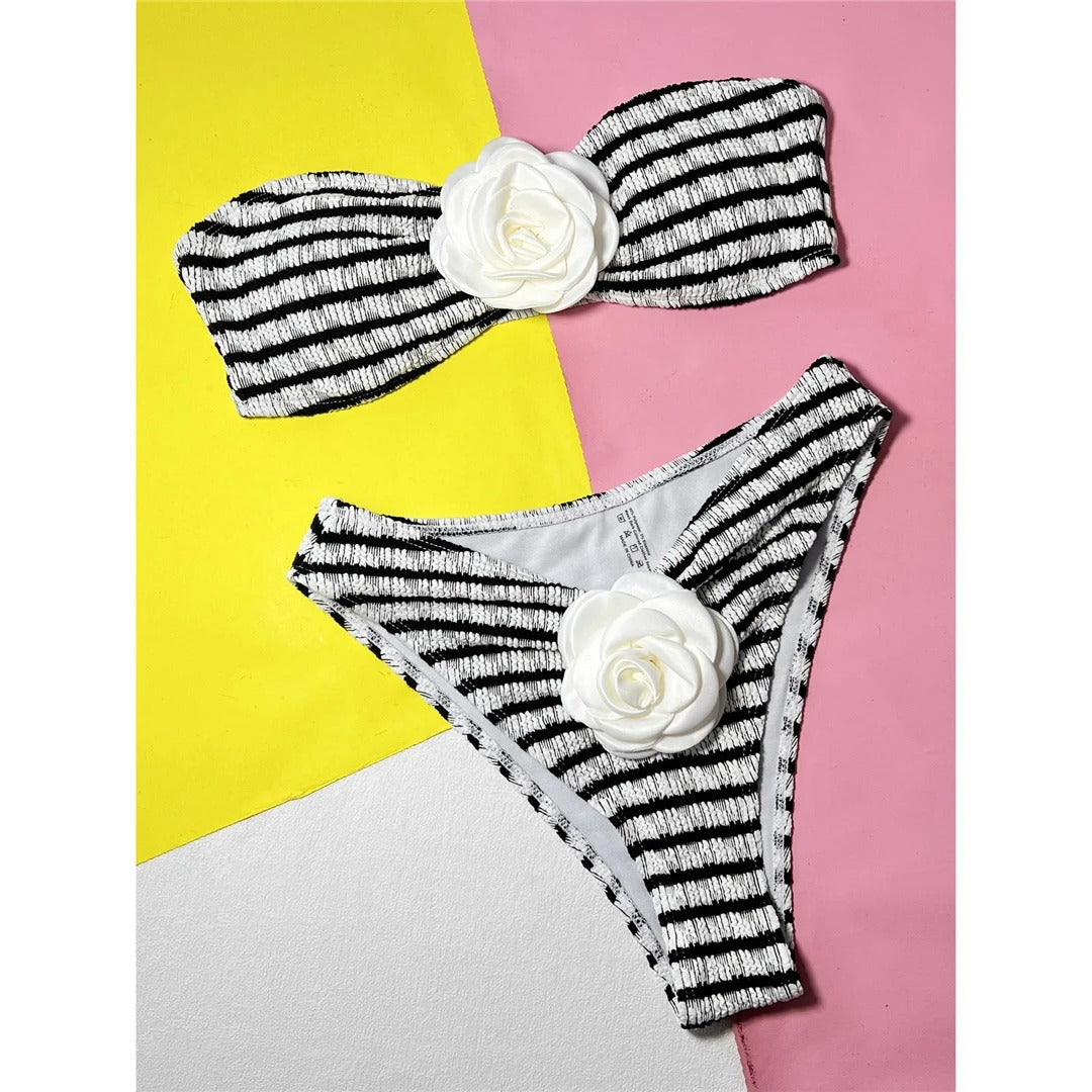 Tanya 3D Flowers Striped Bandeau Bikini