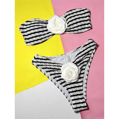 Tanya 3D Flowers Striped Bandeau Bikini