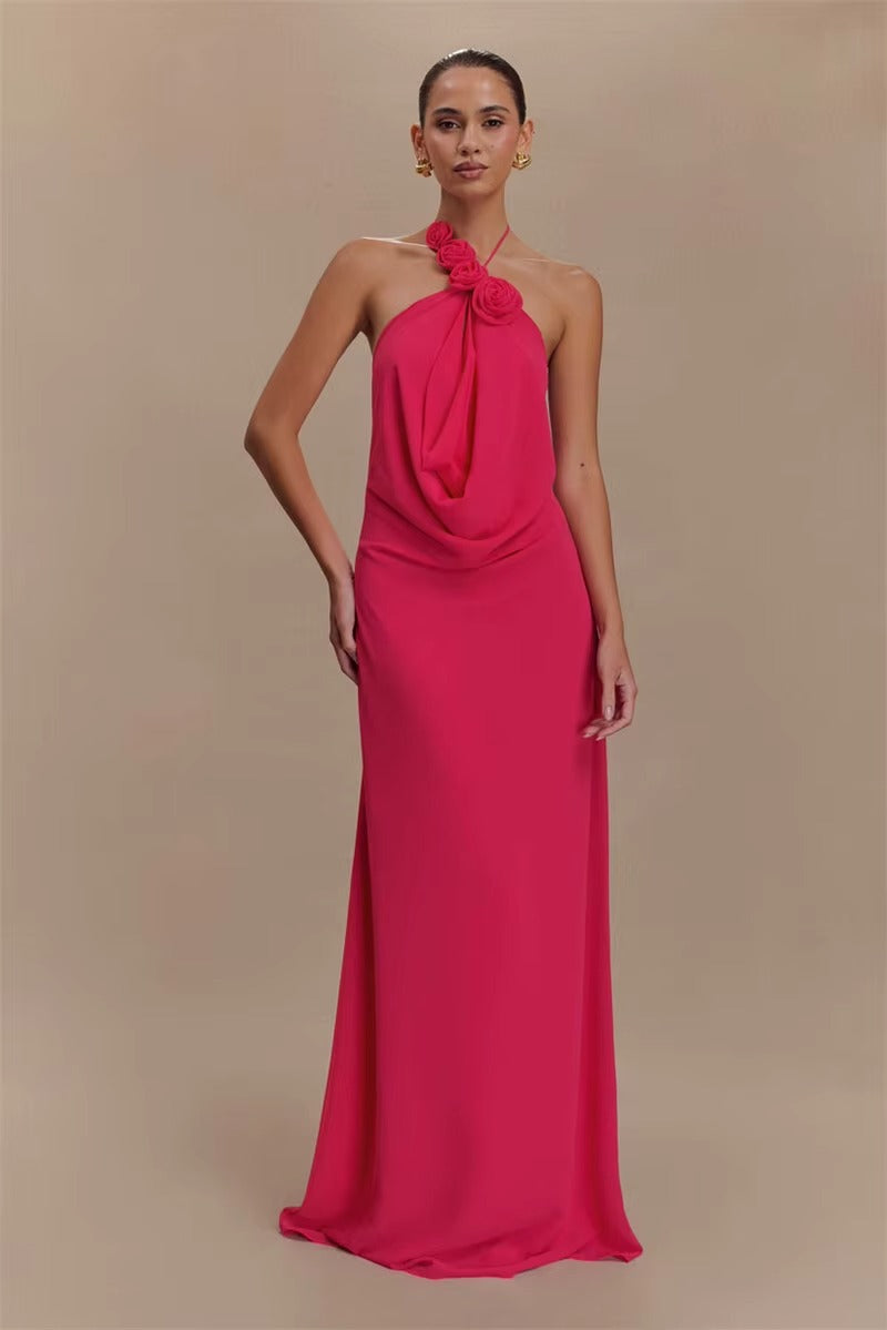 Rose Halter Off-shoulder Sexy Maxi Dress