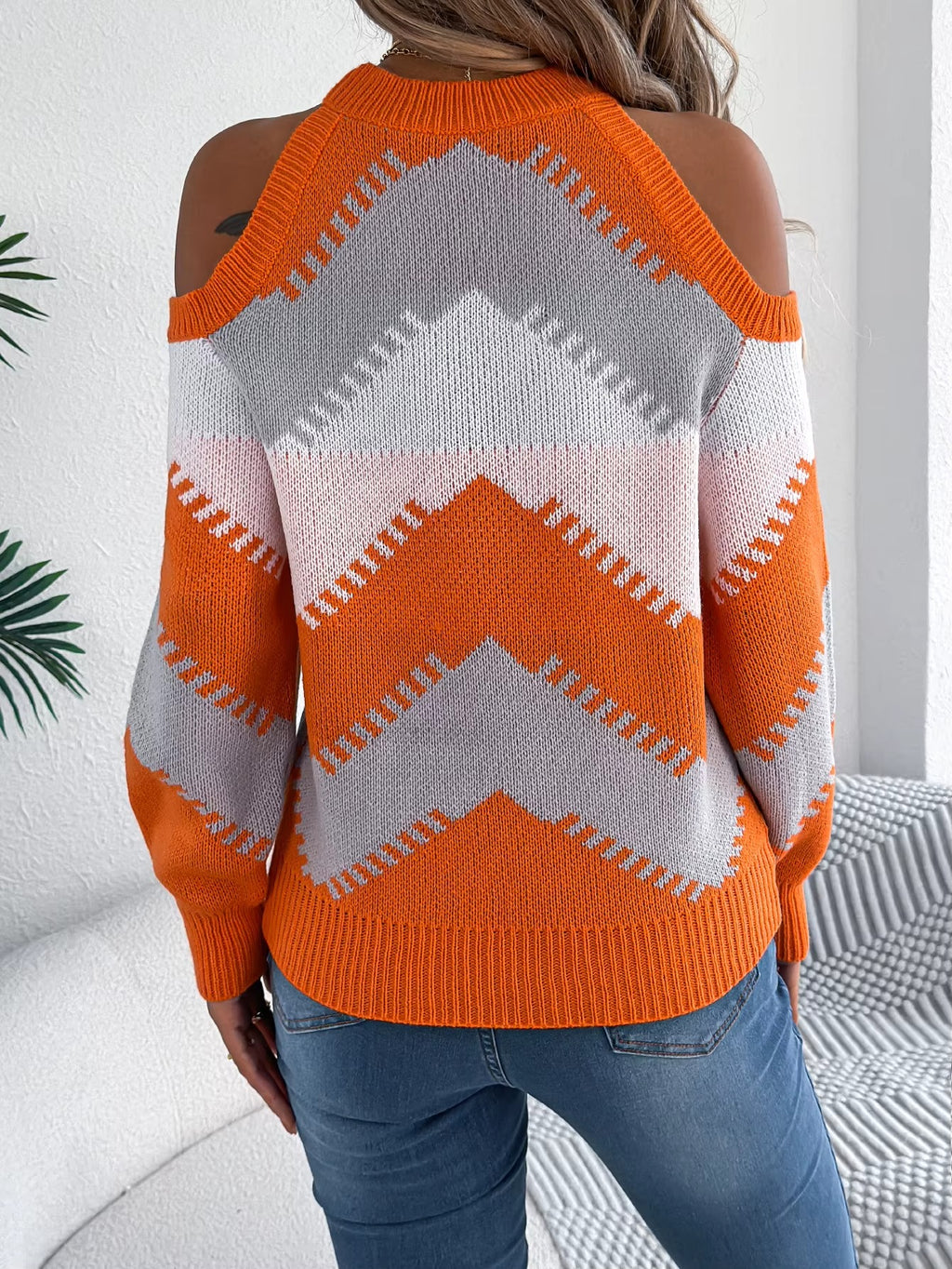 Women’s Contrast Color Striped Off-Shoulder Round Neck Sweater