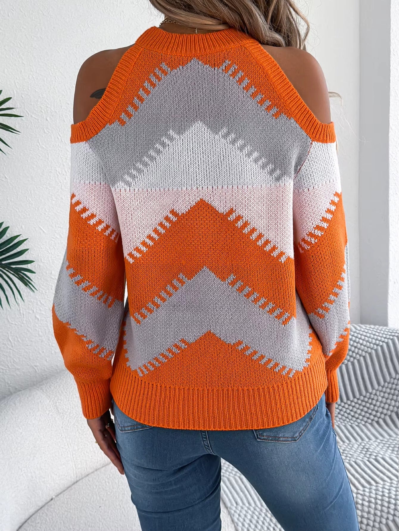 Women’s Contrast Color Striped Off-Shoulder Round Neck Sweater