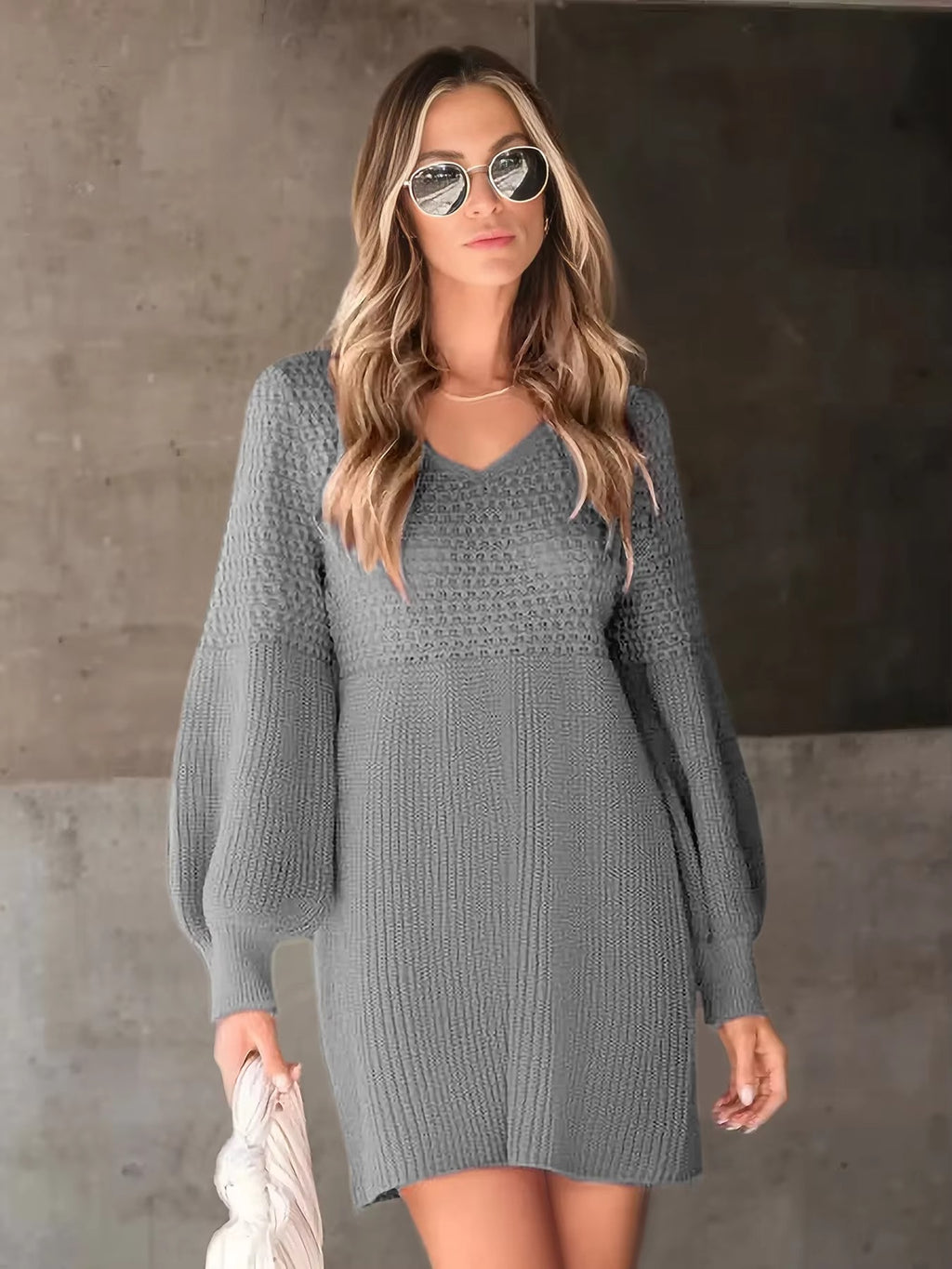Women's Casual V-Neck Bubble Sleeve Pure Knitted Sweater Dress