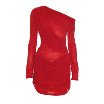 Mesh One-shoulder Long Sleeve Sexy Mini Dress