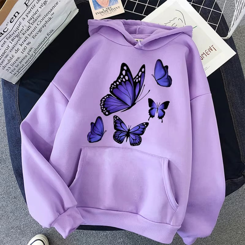 Dark Purple Butterfly Pattern Printed Hoodie