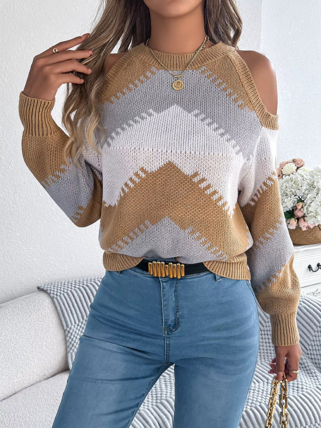 Women’s Contrast Color Striped Off-Shoulder Round Neck Sweater