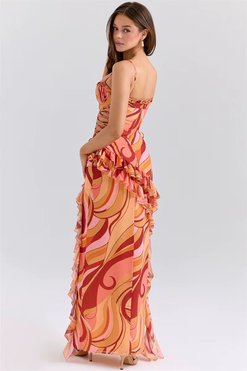 Print Ruffle Cut Out Sexy Maxi Dress