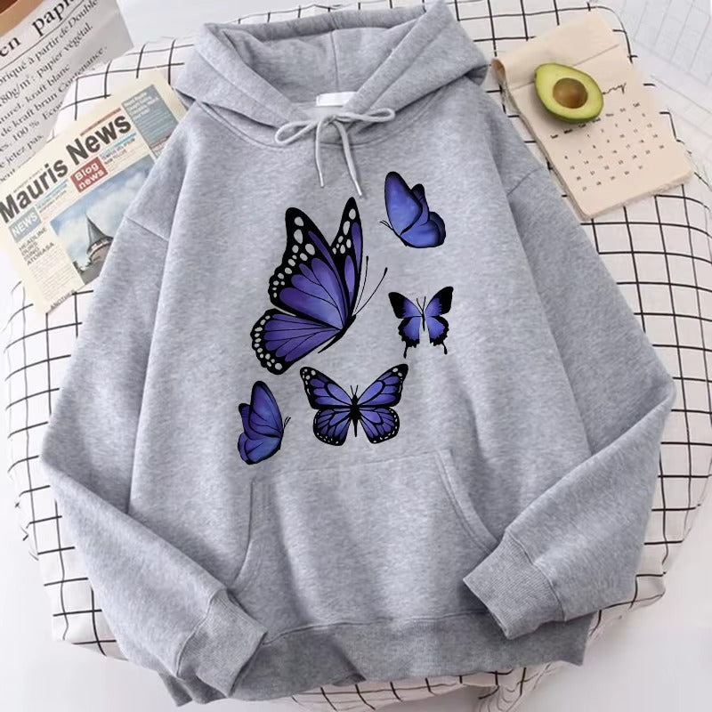 Dark Purple Butterfly Pattern Printed Hoodie