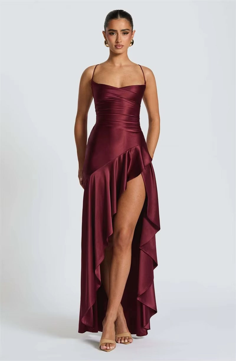 Satin Spaghetti Strap Ruffle Sexy Maxi Dress