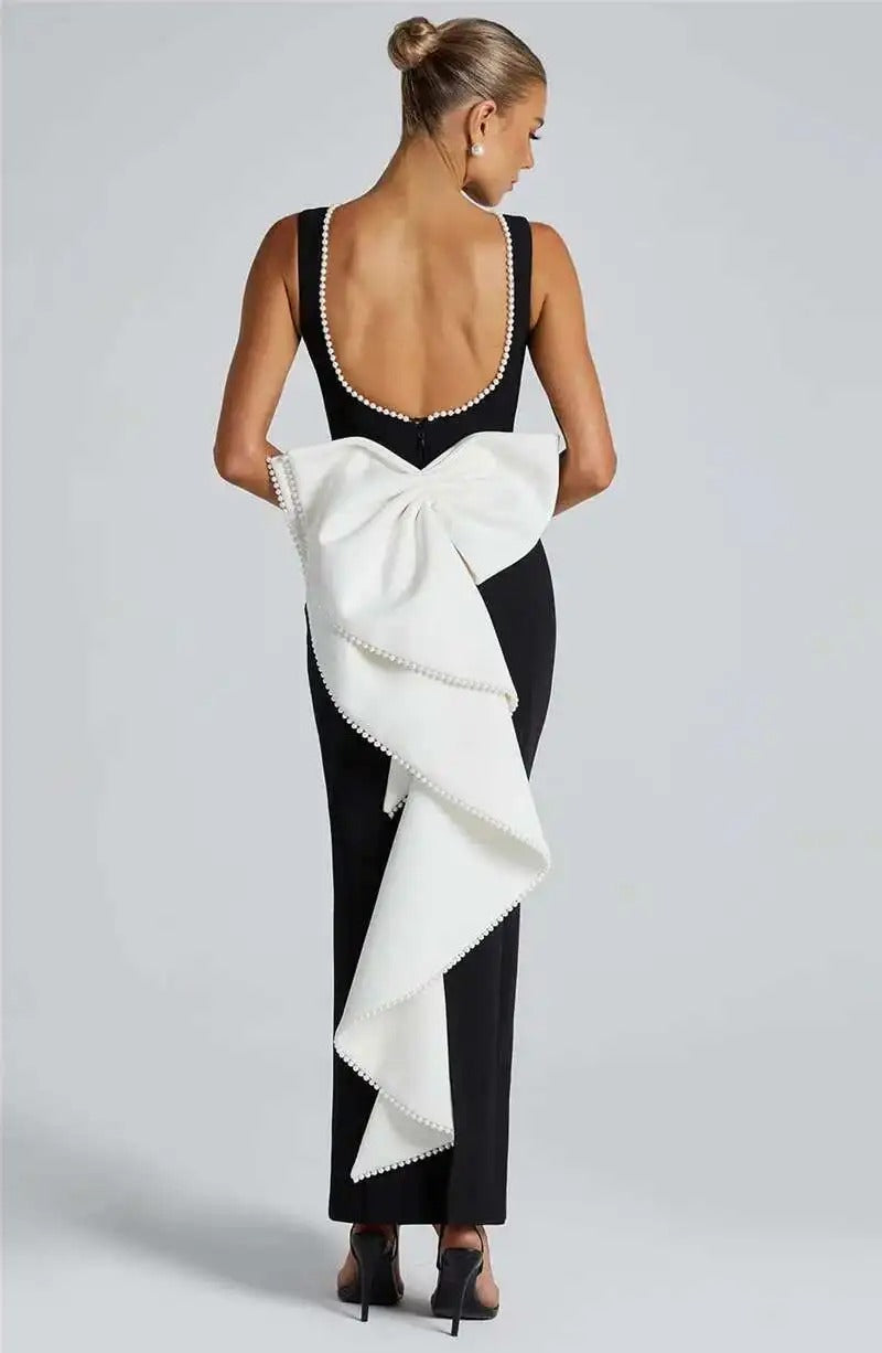 Lorraine Pearl Bow Backless Sexy Maxi Dress