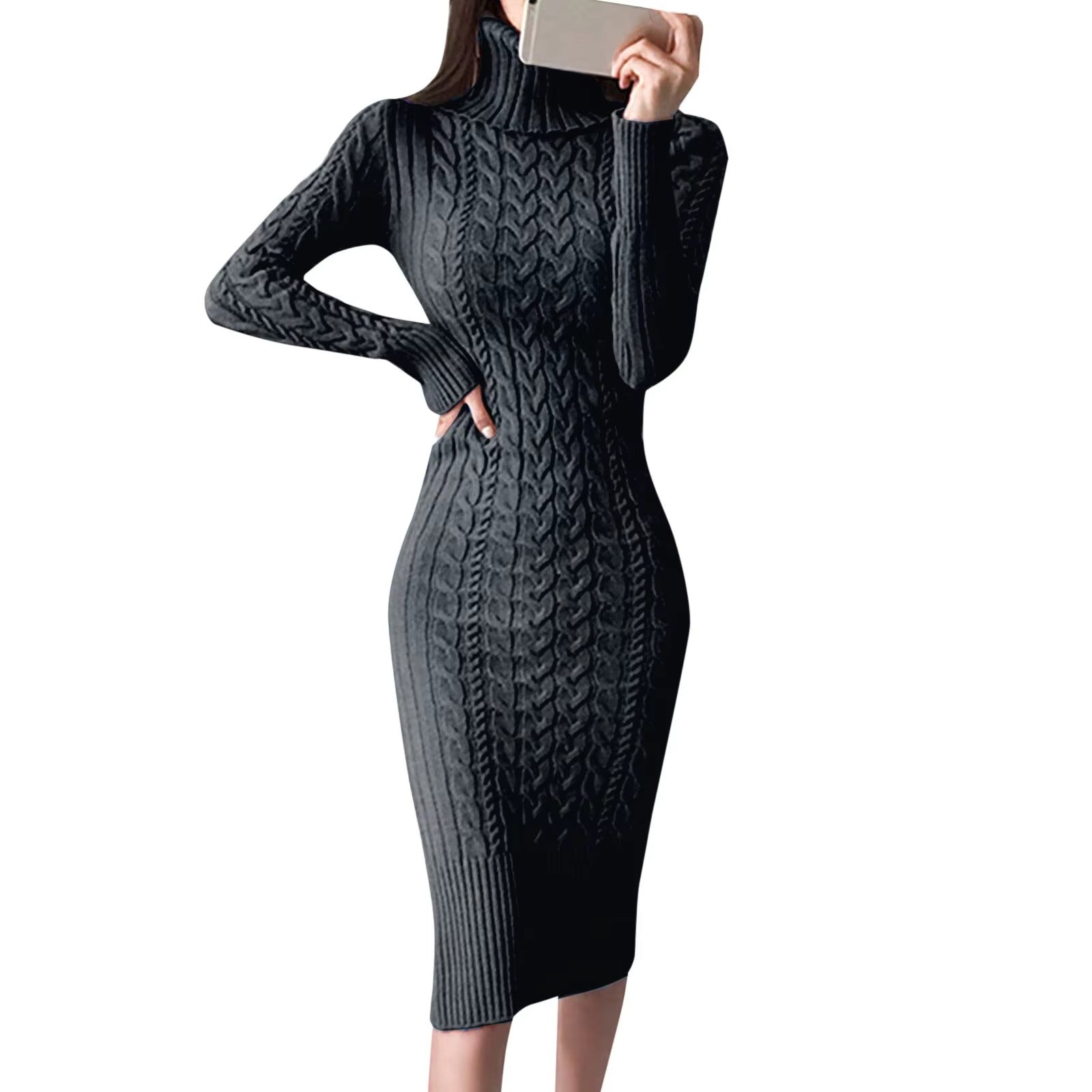 Women's Turtleneck Long Sleeve Solid Color Sweater Dress