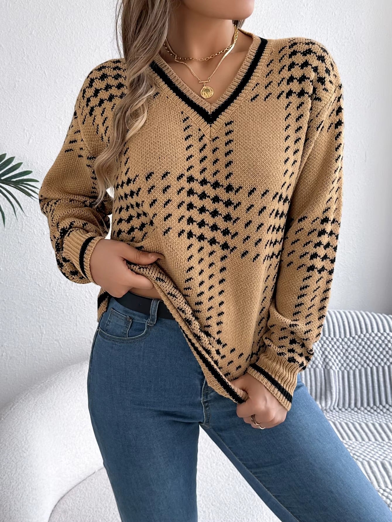 Women’s V-Neck Color Block Grid Striped Sweater