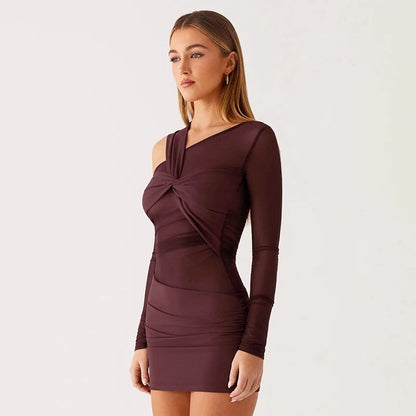 Inclined Shoulder Long Sleeve Sexy Mini Dress