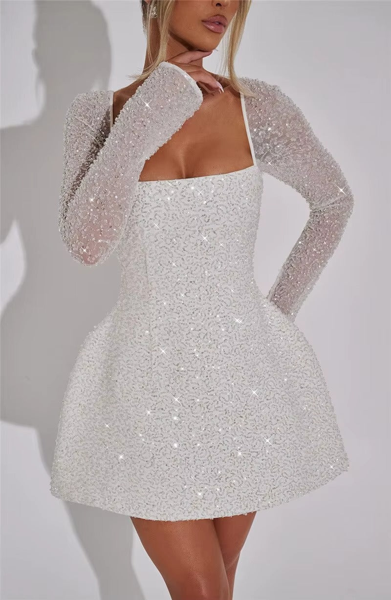 Jenny Sequins Long Sleeve Backless Sexy Mini Dress