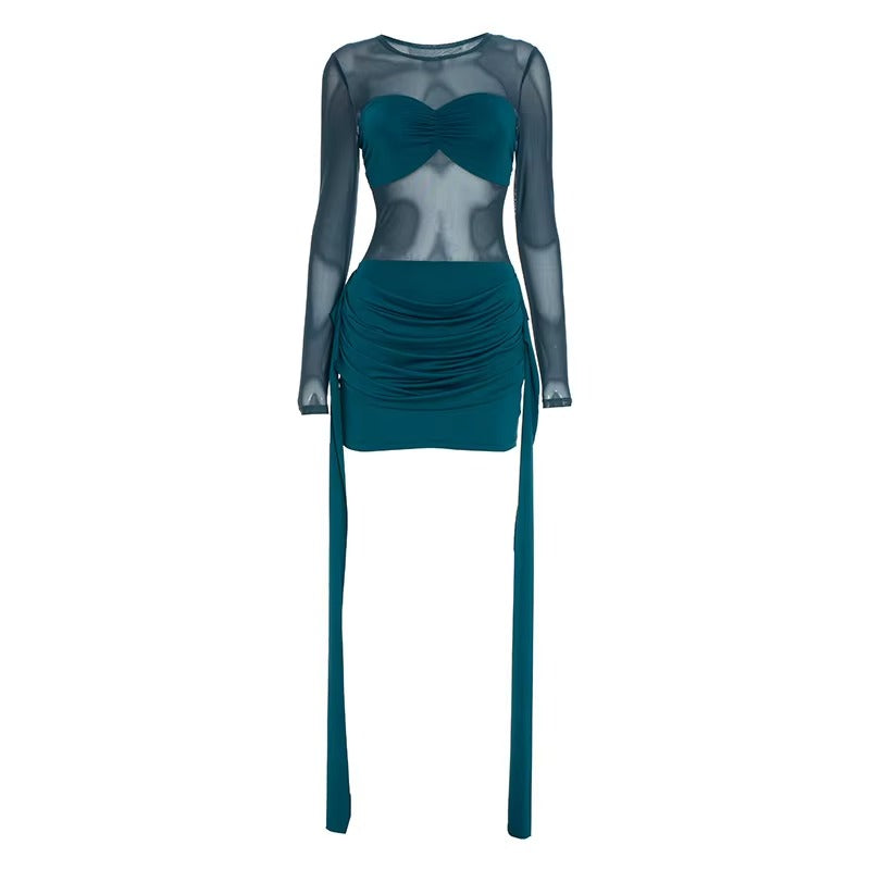 Mesh Patchwork Ruched Sexy Mini Dress