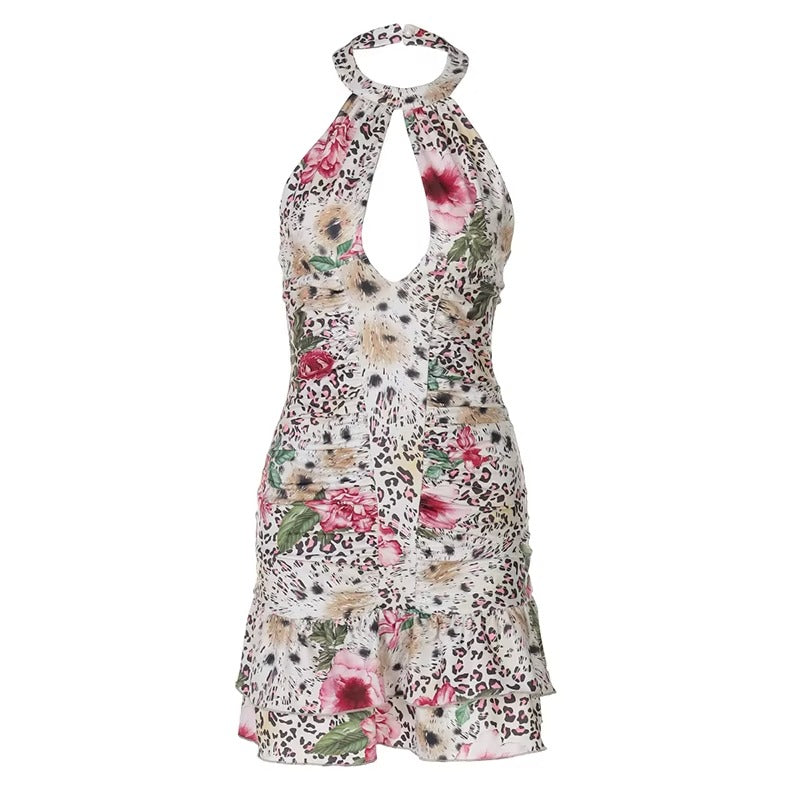 Lillian Hollow Out Halter Print Mini Dress