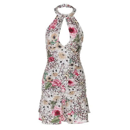 Lillian Hollow Out Halter Print Mini Dress