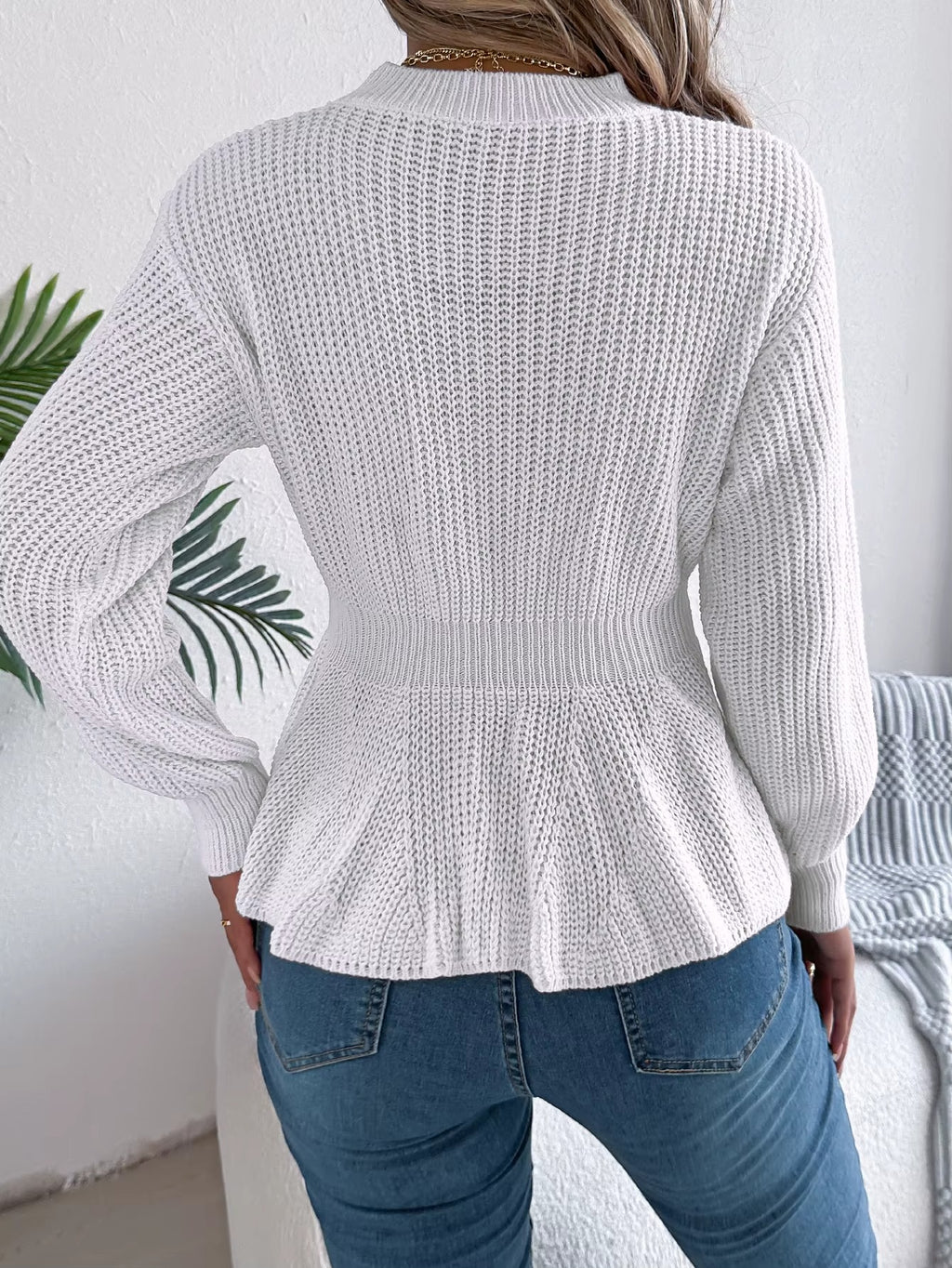 Women's Belted Waist & Flounce Hem Casual Long Sleeve Round Neck Sweater