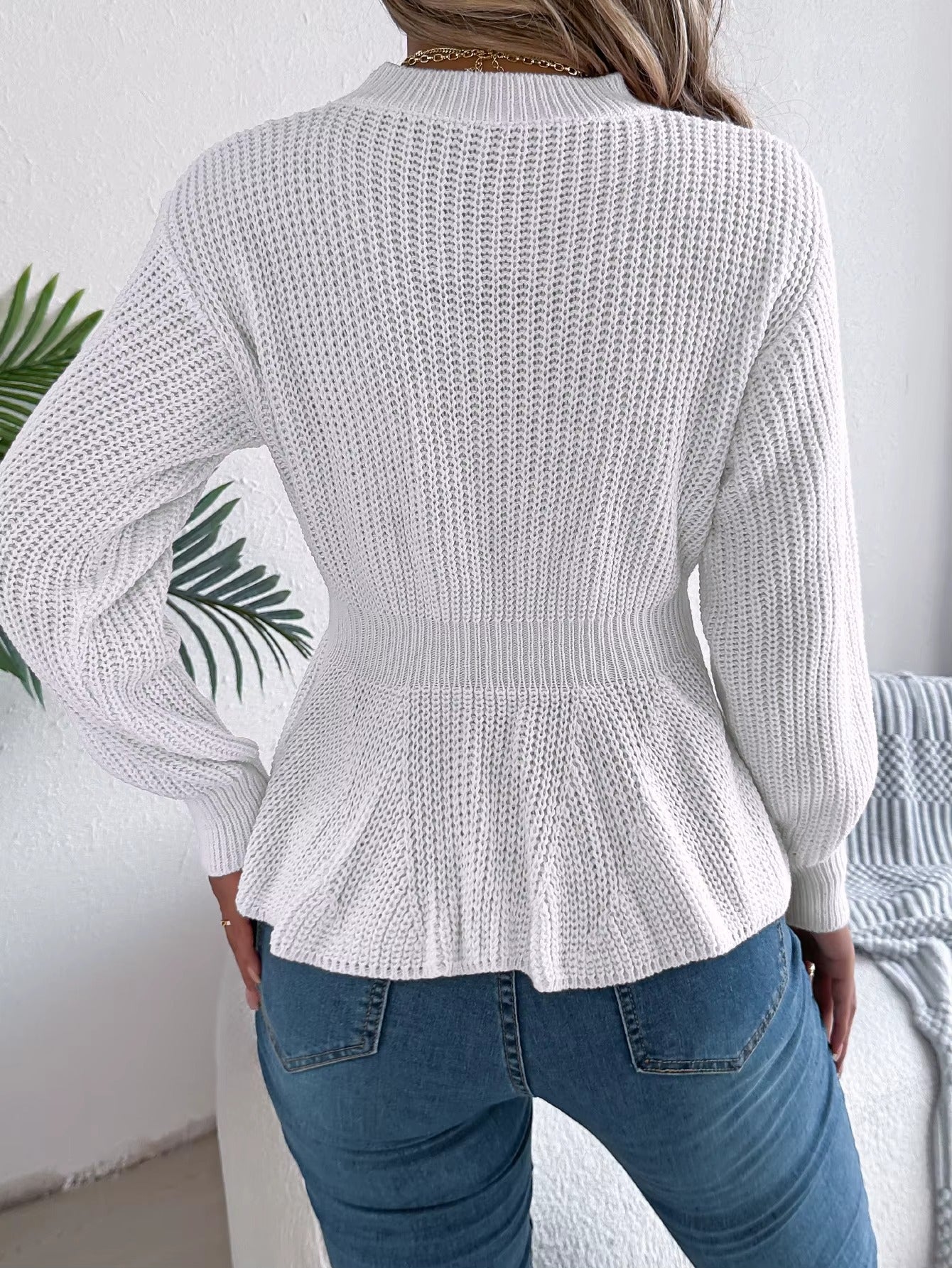 Women's Belted Waist & Flounce Hem Casual Long Sleeve Round Neck Sweater