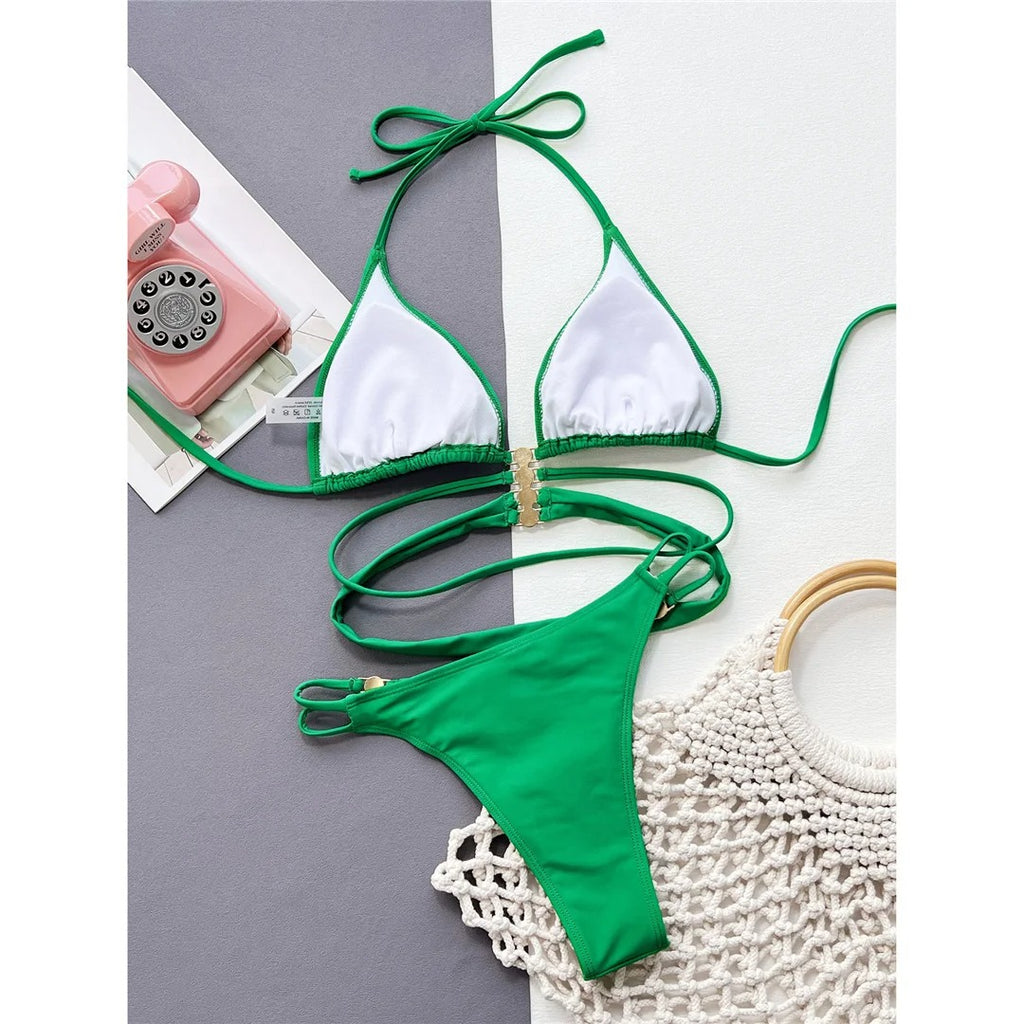 Vanessa Wrap Around Pearls Halter High Cut Bikini