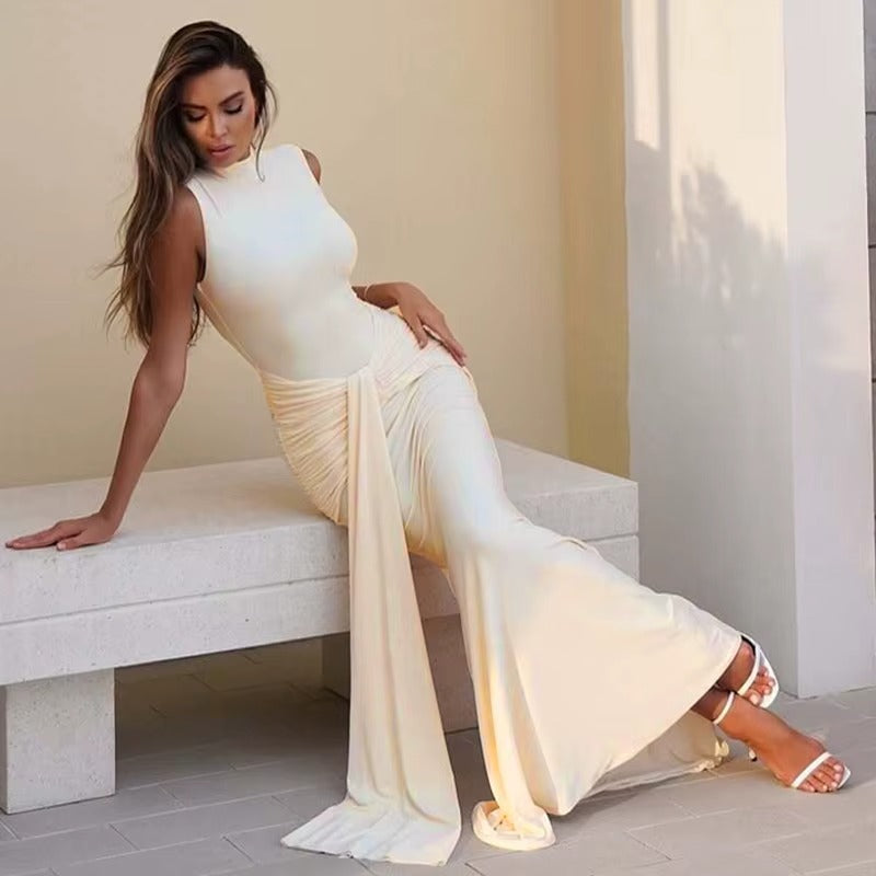 Sleeveless Draped Ruched Sexy Maxi Dress