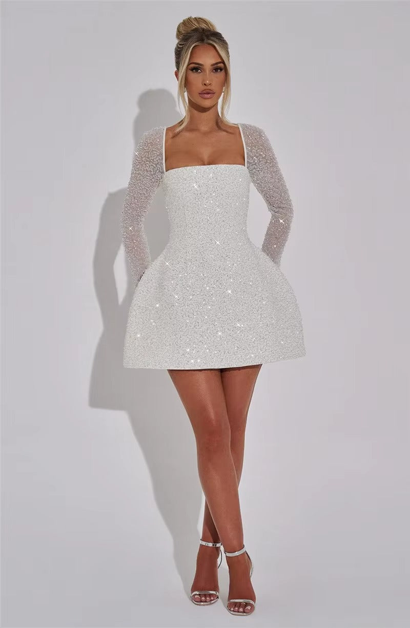 Jenny Sequins Long Sleeve Backless Sexy Mini Dress