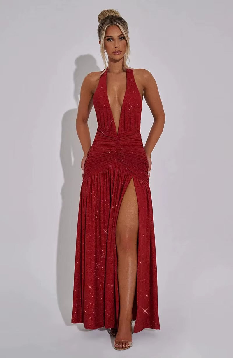 Aimee Glitter Deep V Neck Sexy Maxi Dress