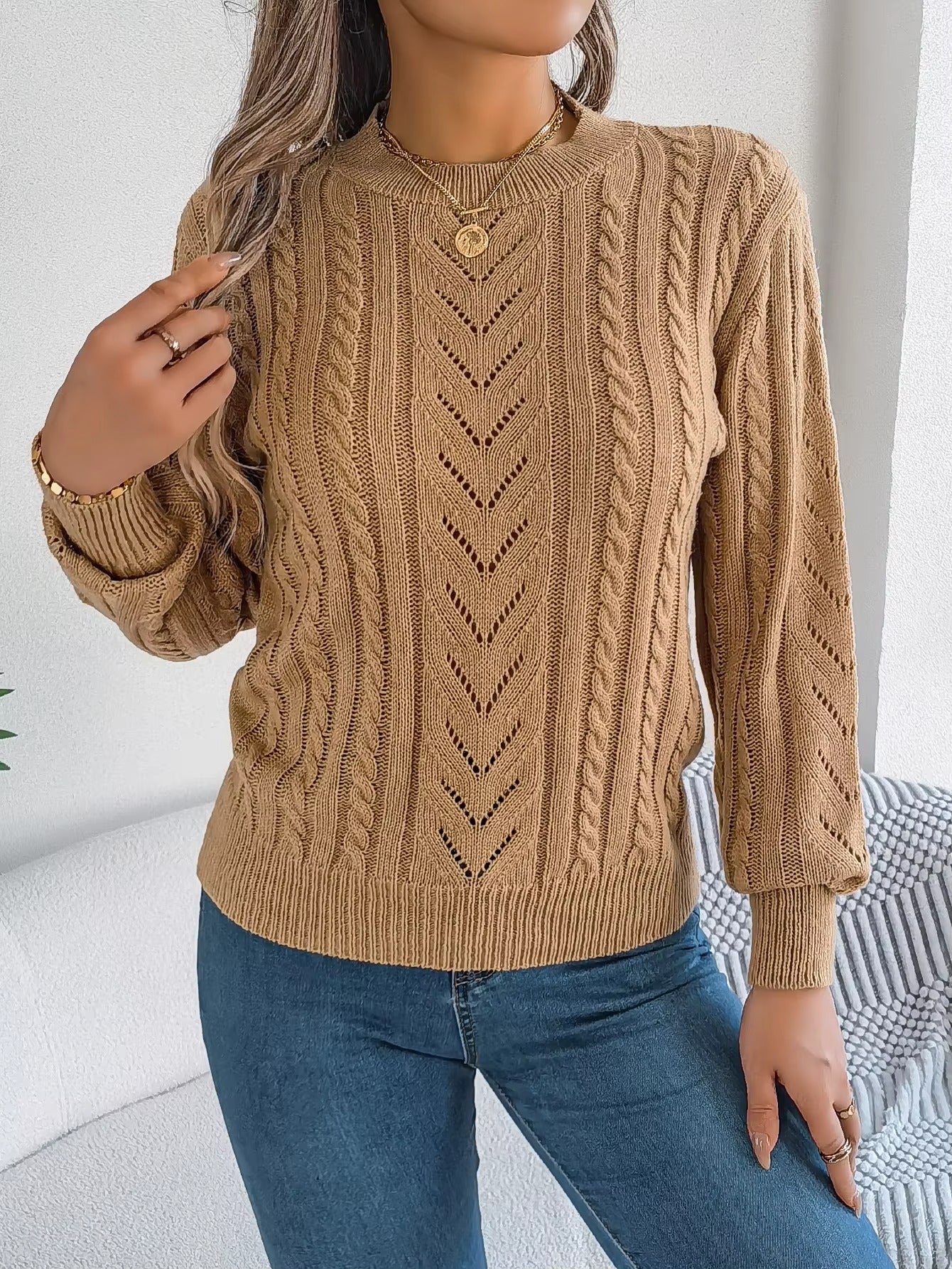 Women's O-Neck Hollow Out Long Sleeve Pullover Sweater