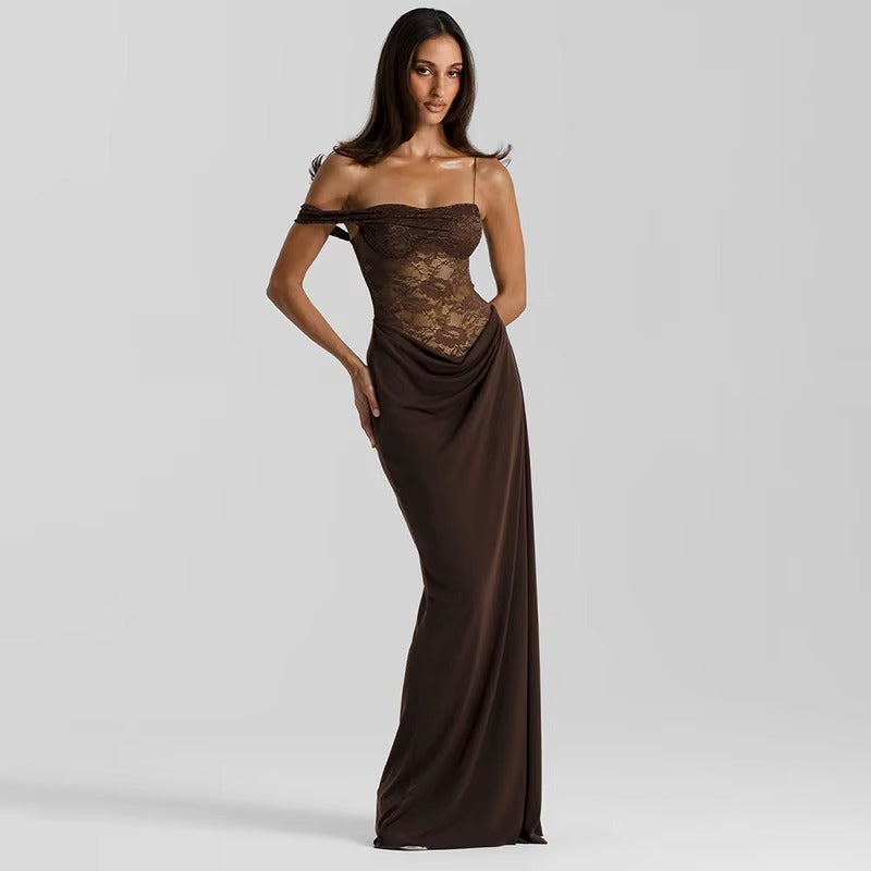 Joanna One Shoulder Lace See Through Sexy Maxi Dress