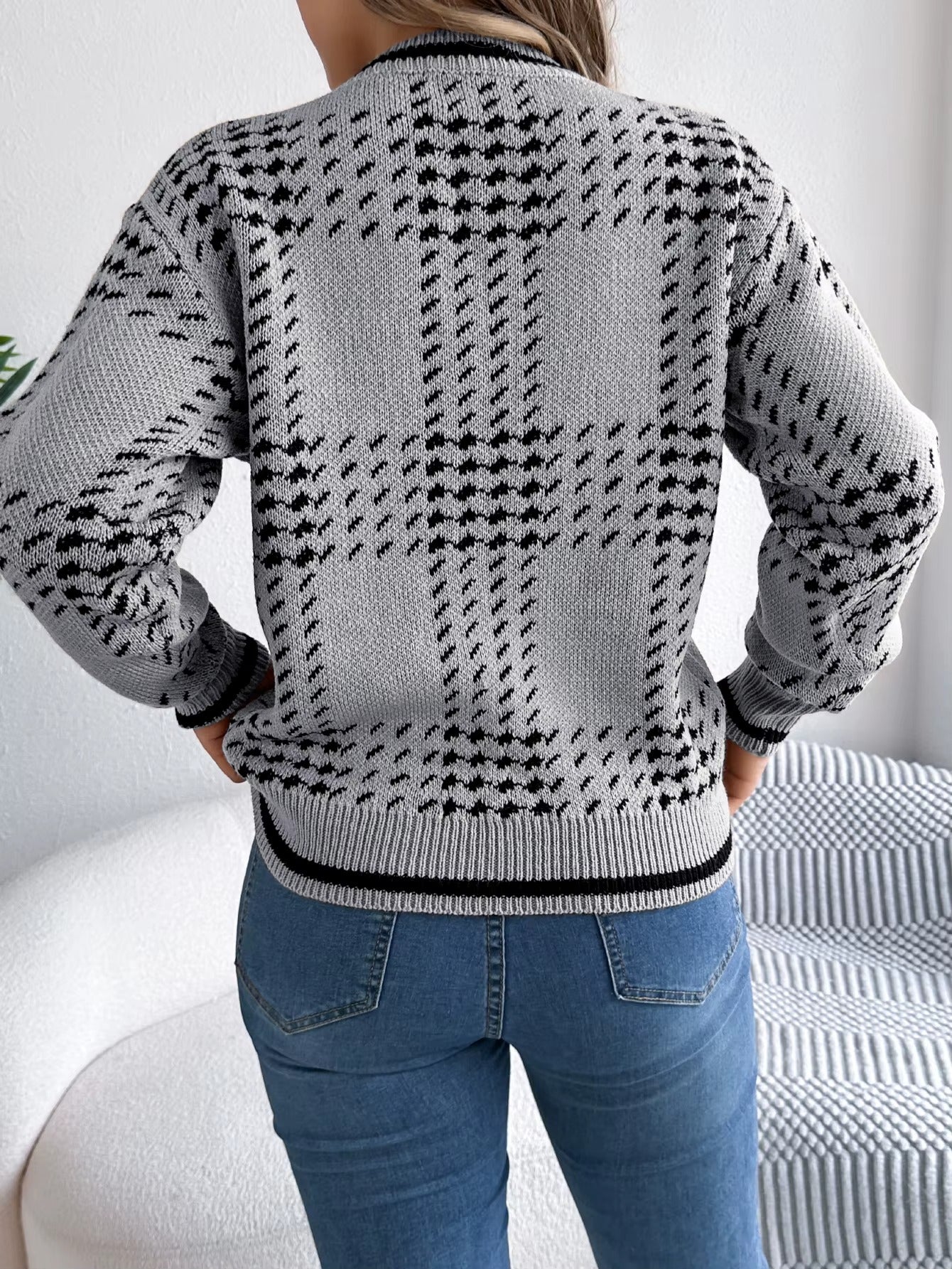 Women’s V-Neck Color Block Grid Striped Sweater