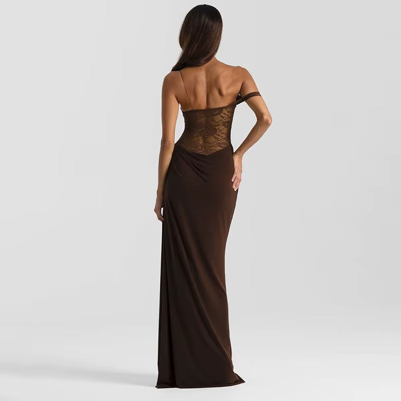 Joanna One Shoulder Lace See Through Sexy Maxi Dress