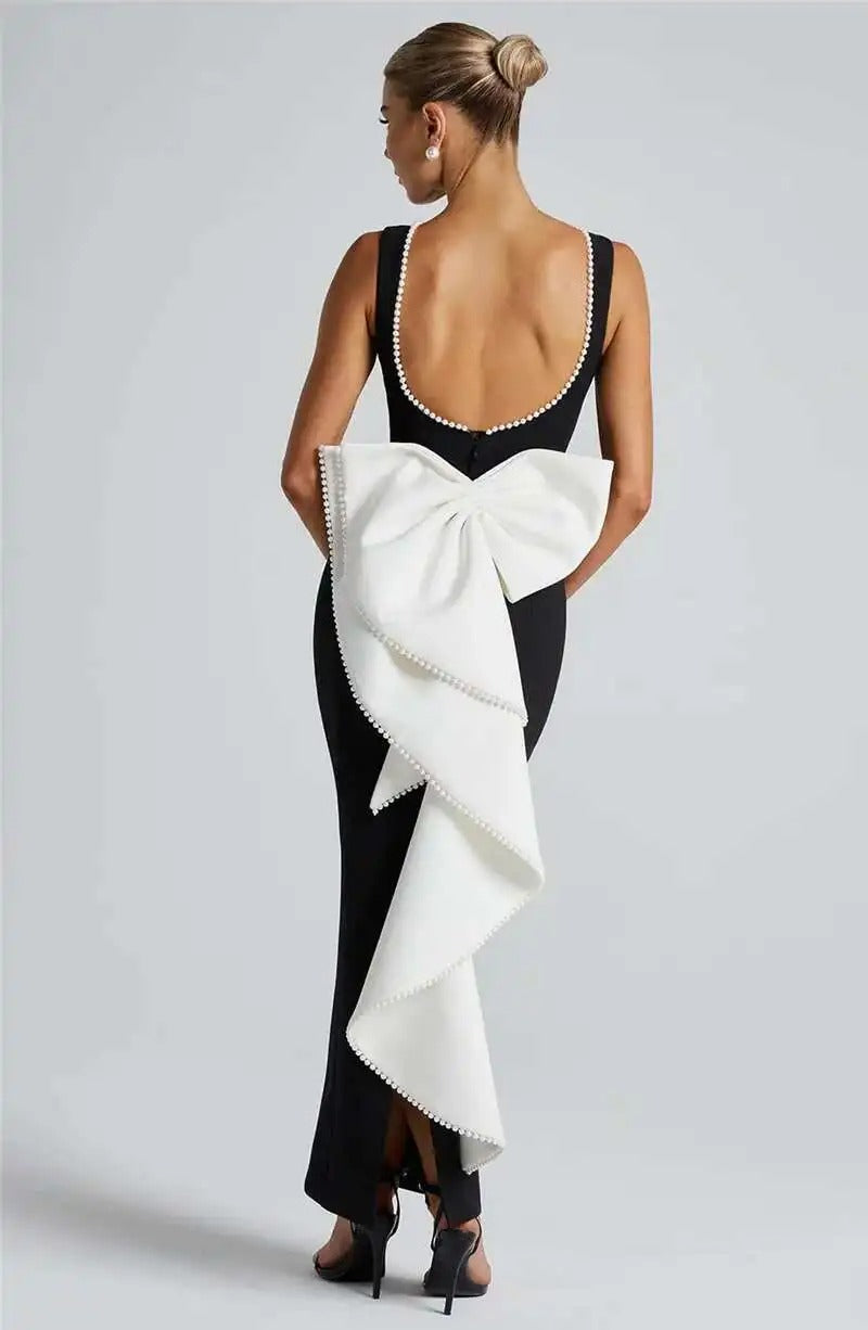 Lorraine Pearl Bow Backless Sexy Maxi Dress