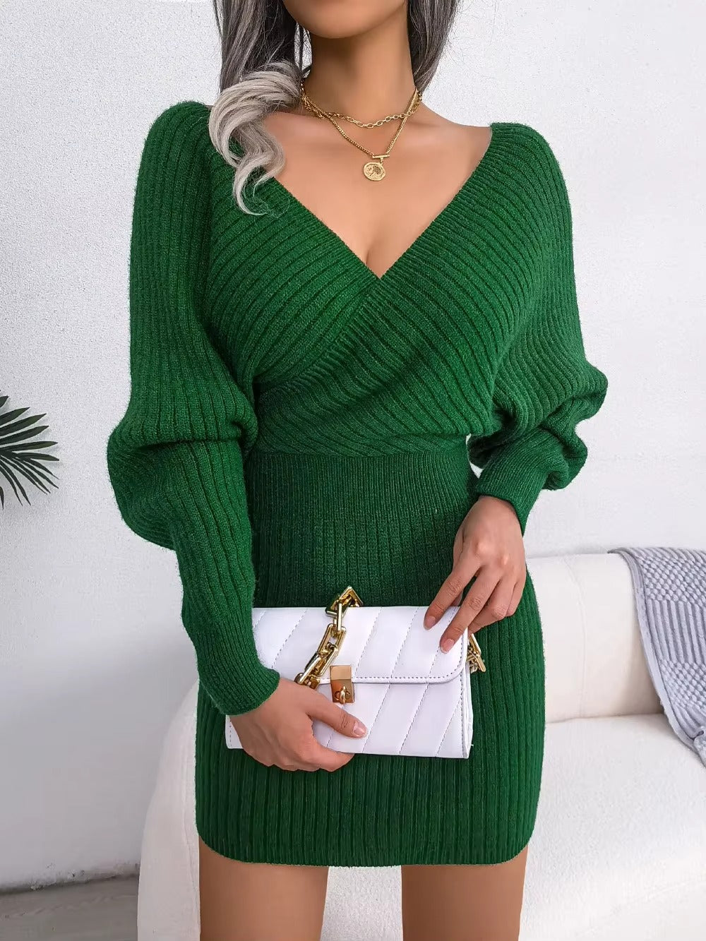 Women's Casual Sexy Cross V Neck Batwing Sleeve Solid ColorDress