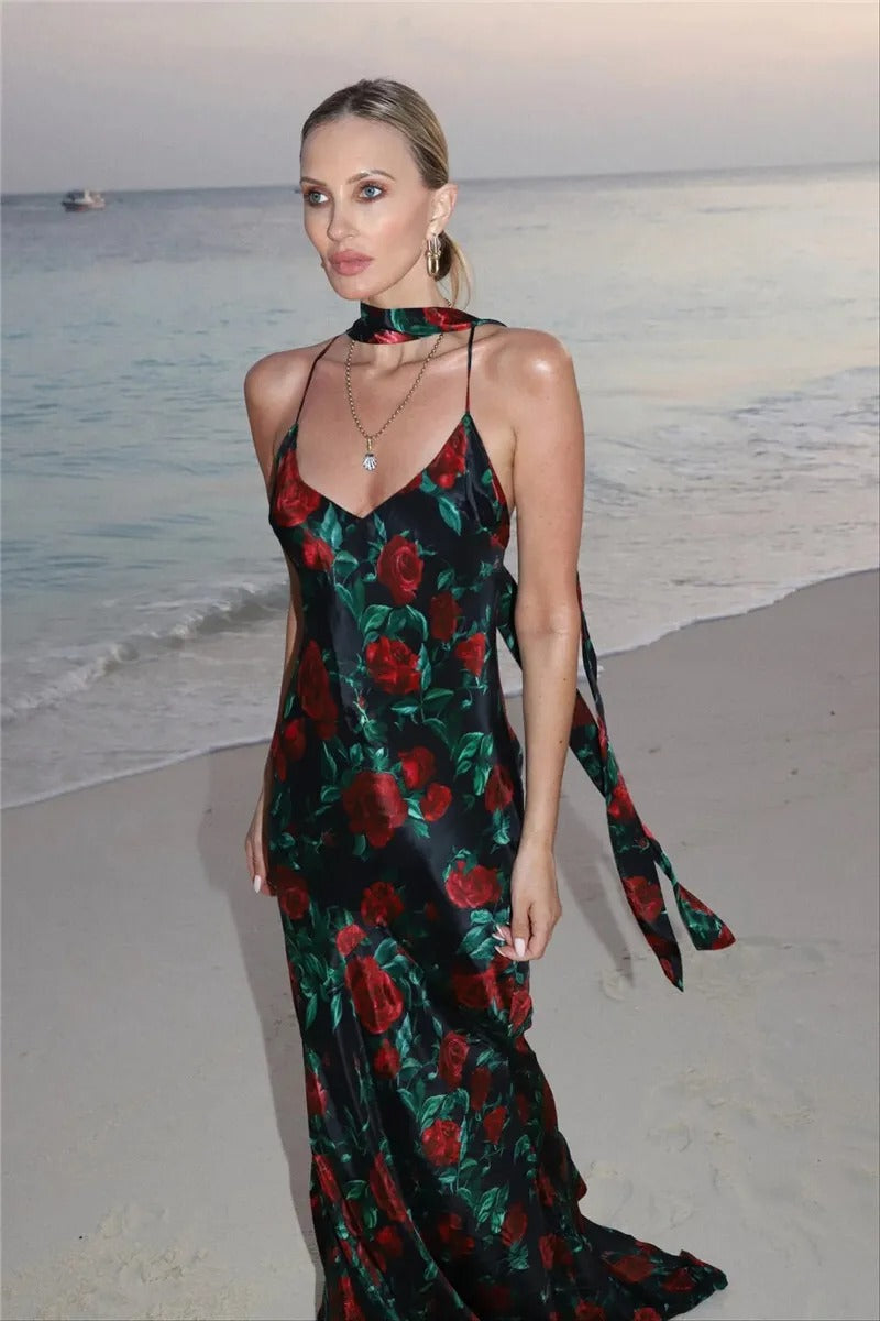 Maria Halter Backless Print Sexy Maxi Dress