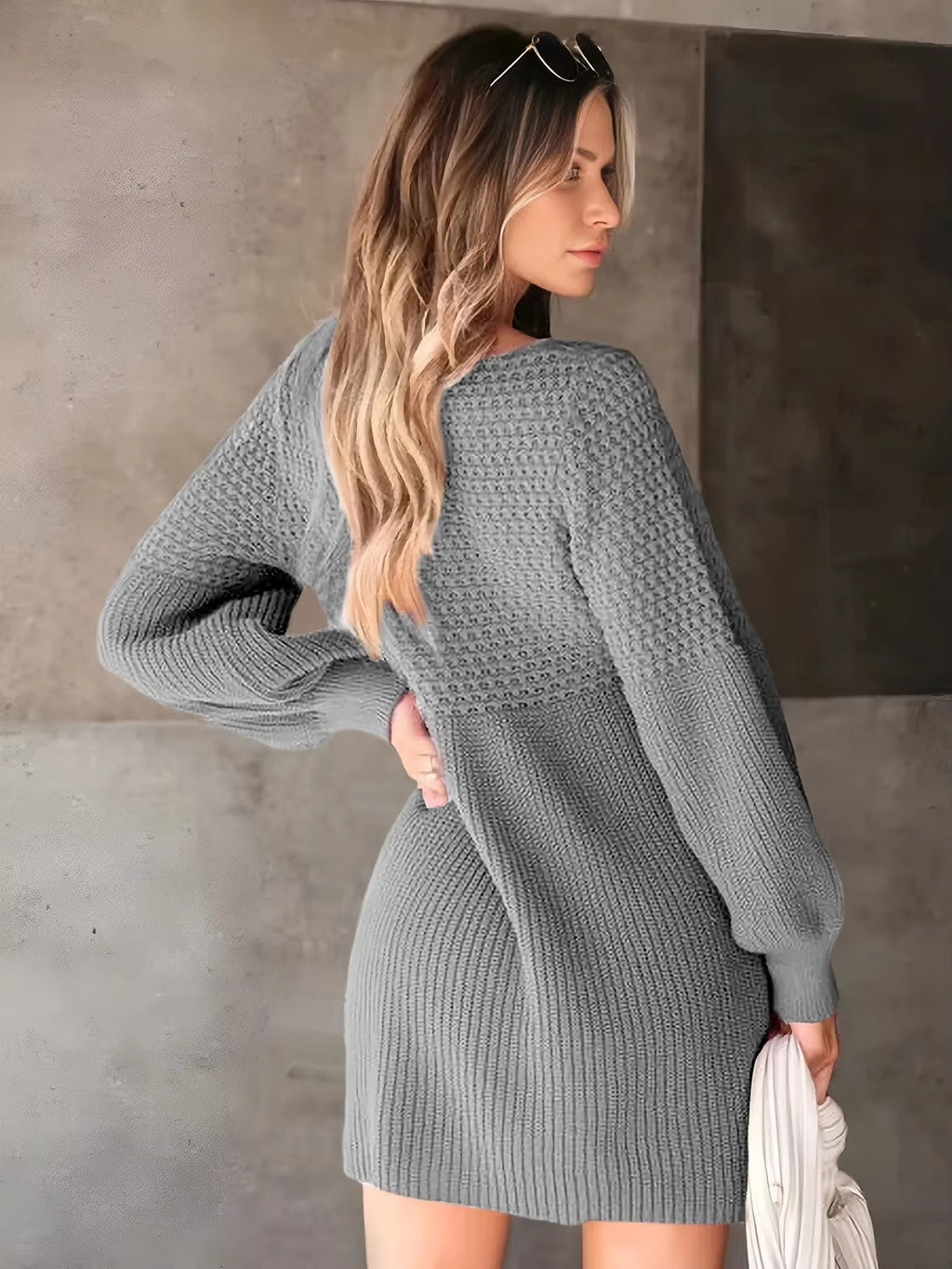 Women's Casual V-Neck Bubble Sleeve Pure Knitted Sweater Dress