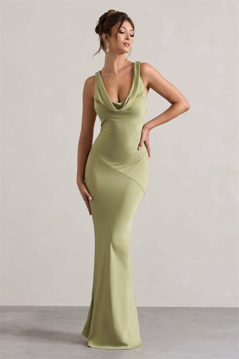 Bertha Satin Cowl Neck Backless Sexy Maxi Dress