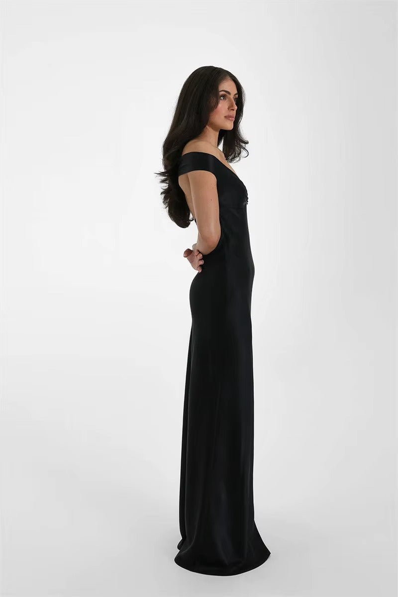 Satin Off-shoulder Backless Sexy Maxi Dress