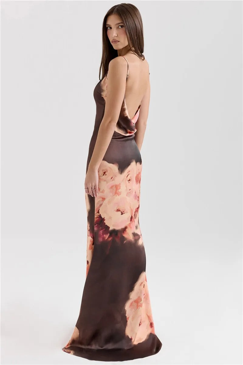 Rachel Satin Floral Print Sexy Maxi Dress