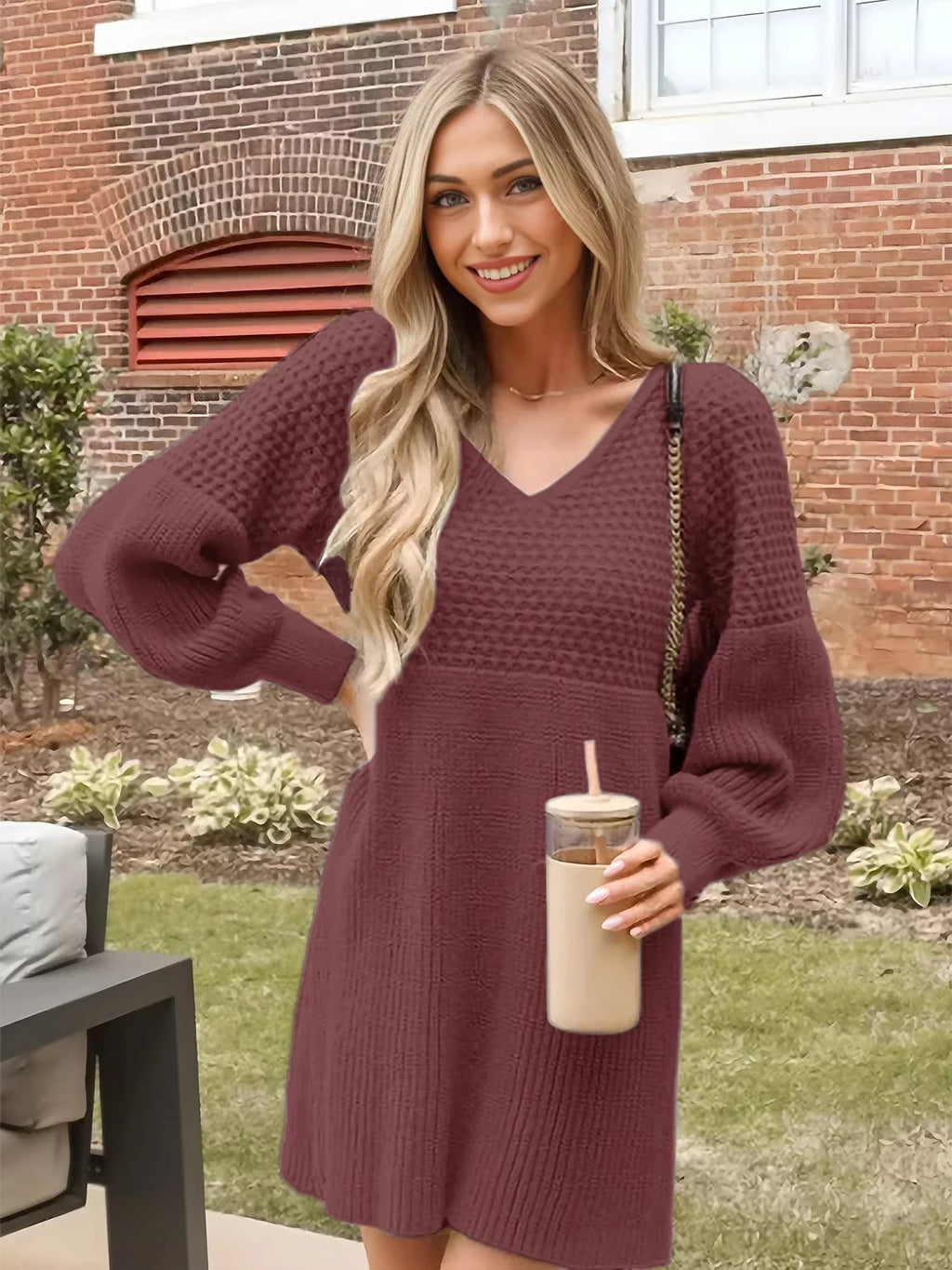 Women's Casual V-Neck Bubble Sleeve Pure Knitted Sweater Dress