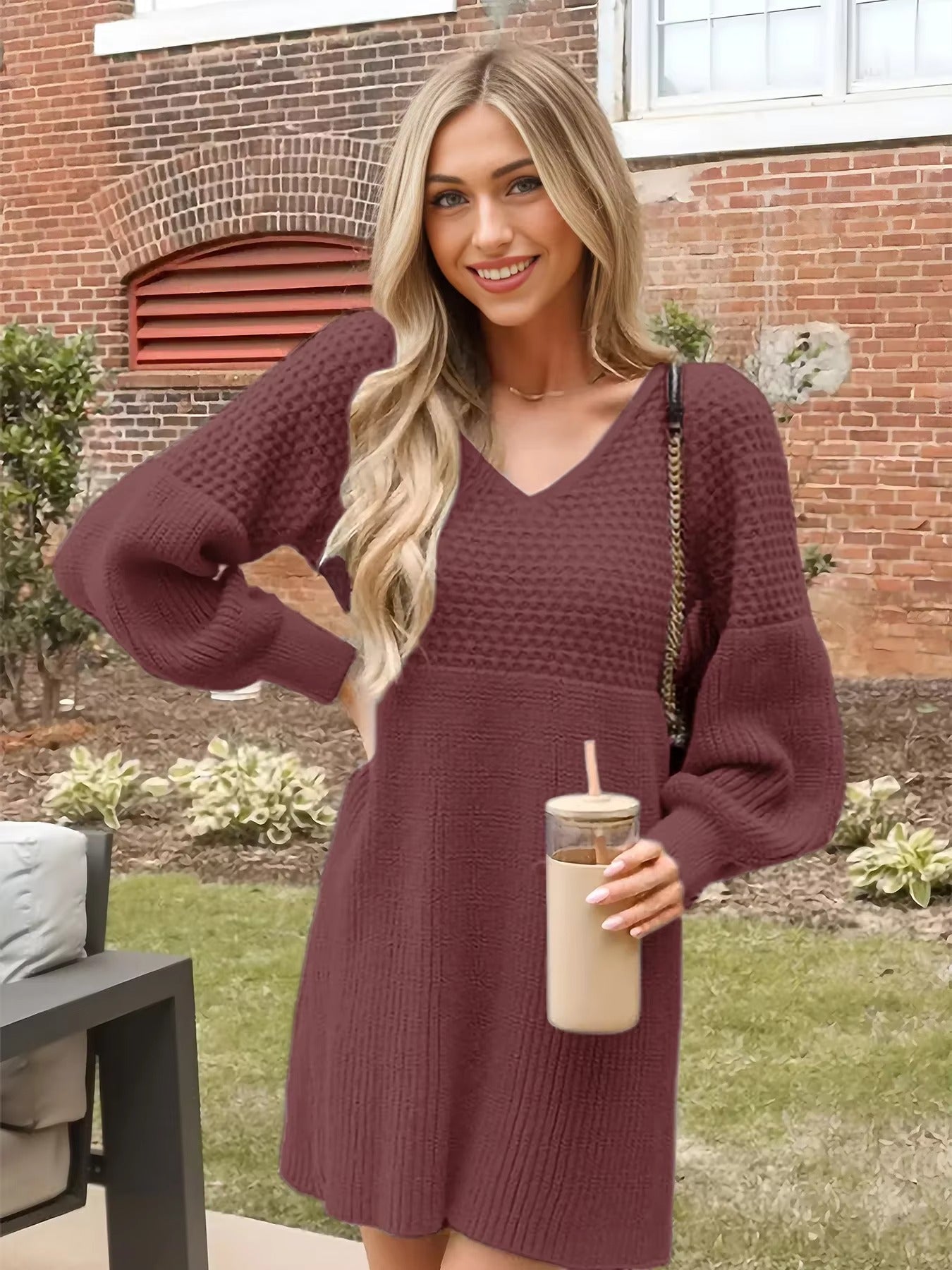 Women's Casual V-Neck Bubble Sleeve Pure Knitted Sweater Dress