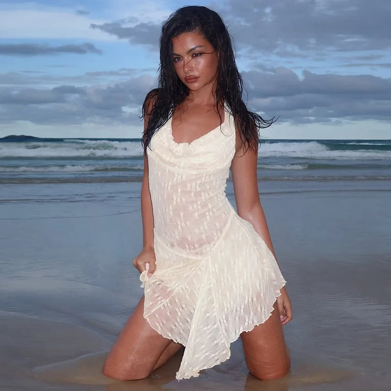 Brandi See Through Lace Halter Sexy Mini Dress