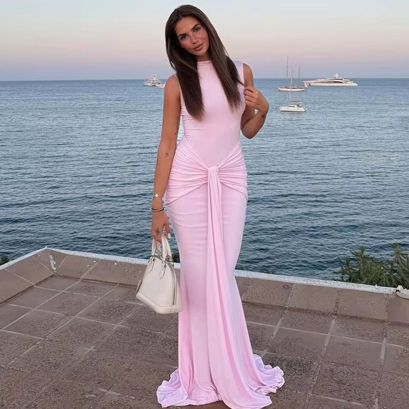 Sleeveless Draped Ruched Sexy Maxi Dress