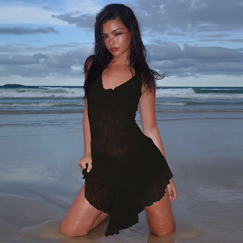 Brandi See Through Lace Halter Sexy Mini Dress