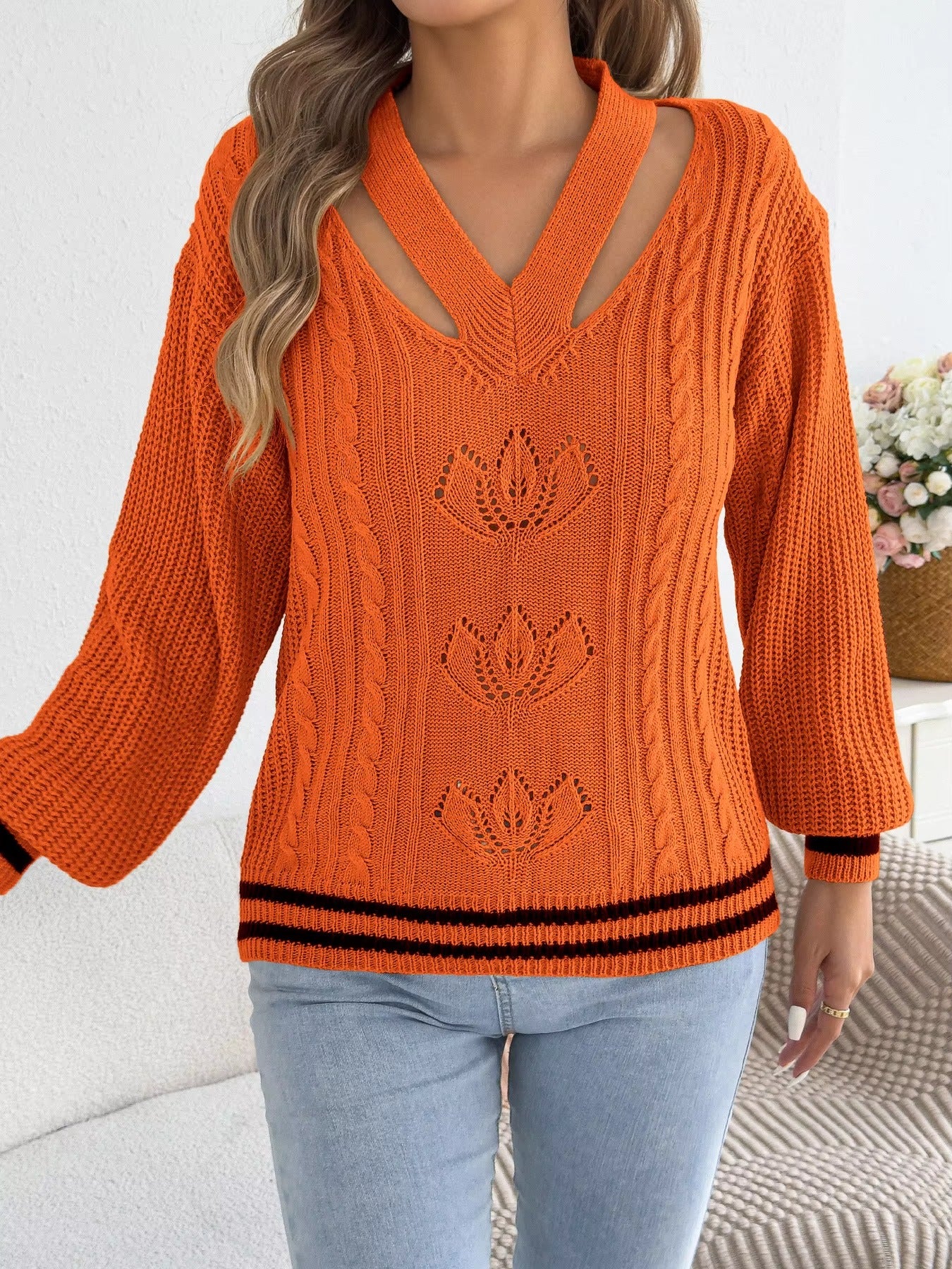 Women’s V-Neck Floral Hollow Out Striped Sweater