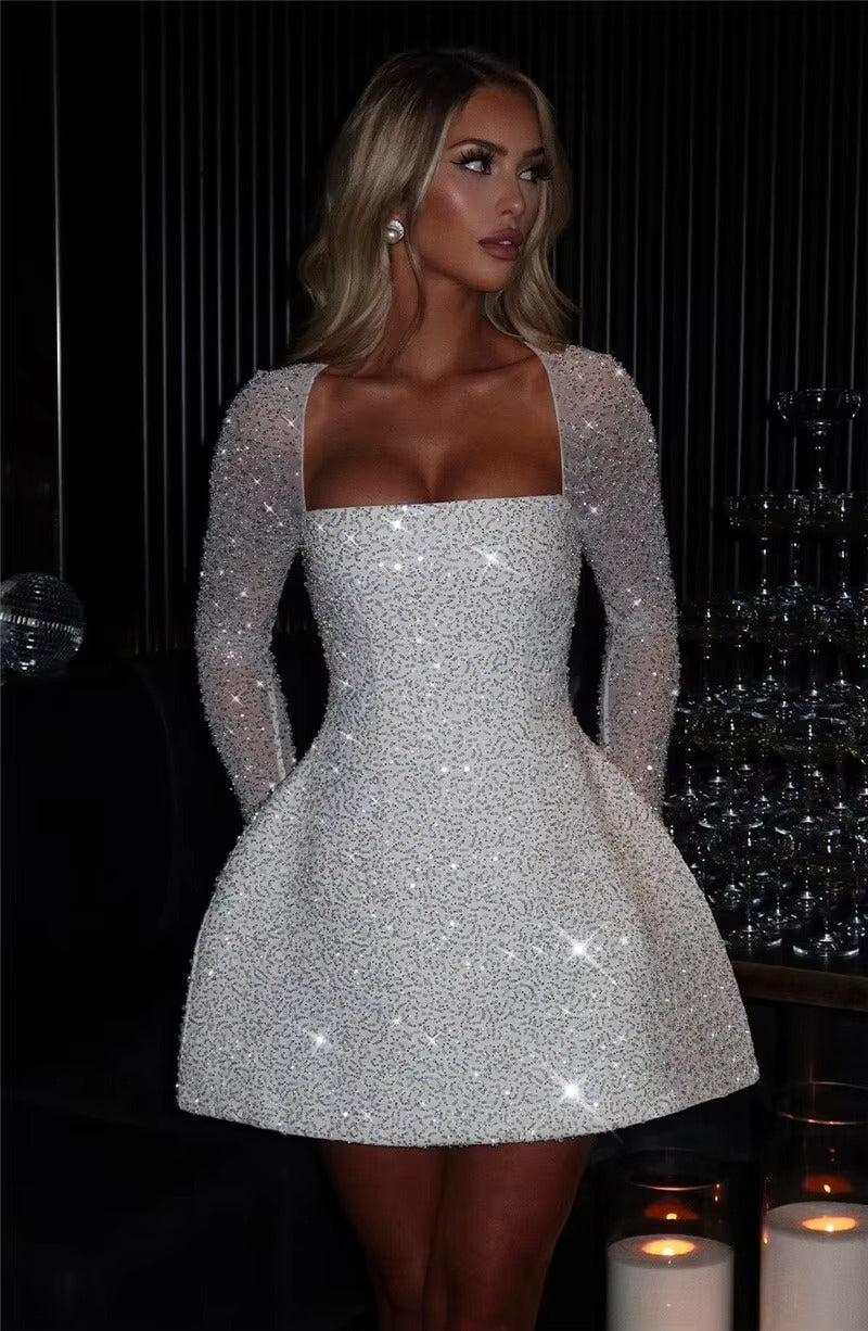 Jenny Sequins Long Sleeve Backless Sexy Mini Dress