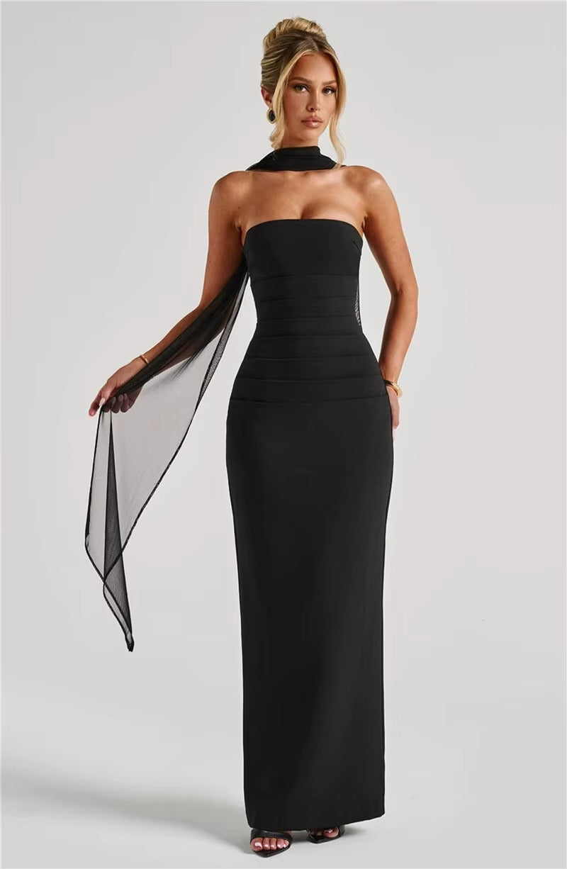 Alyssa Scarf Collar Strapless Sexy Maxi Dress