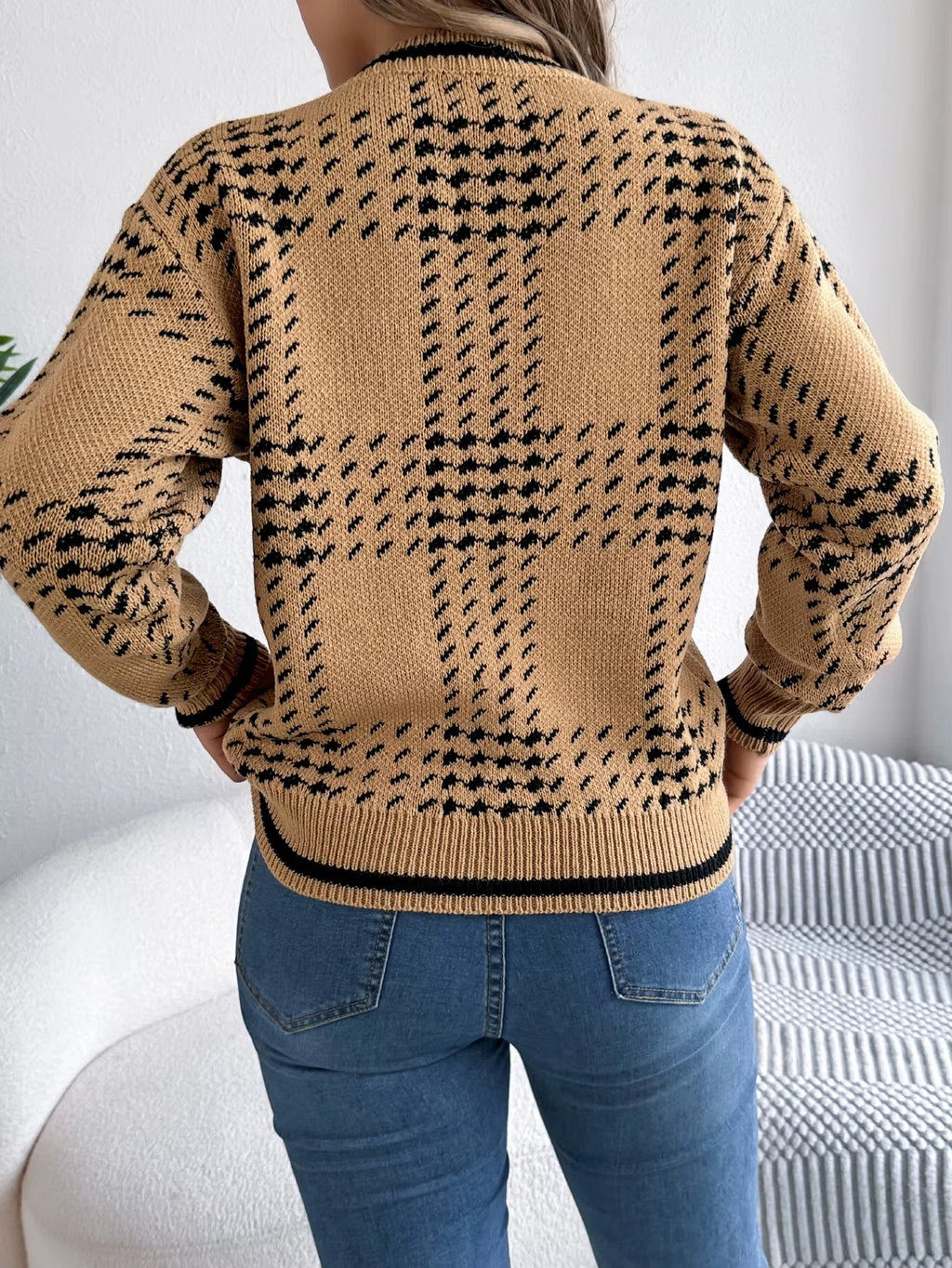 Women’s V-Neck Color Block Grid Striped Sweater