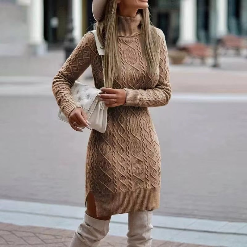 Knitted High Neck  Long Sleeves Sweater Dress for Women