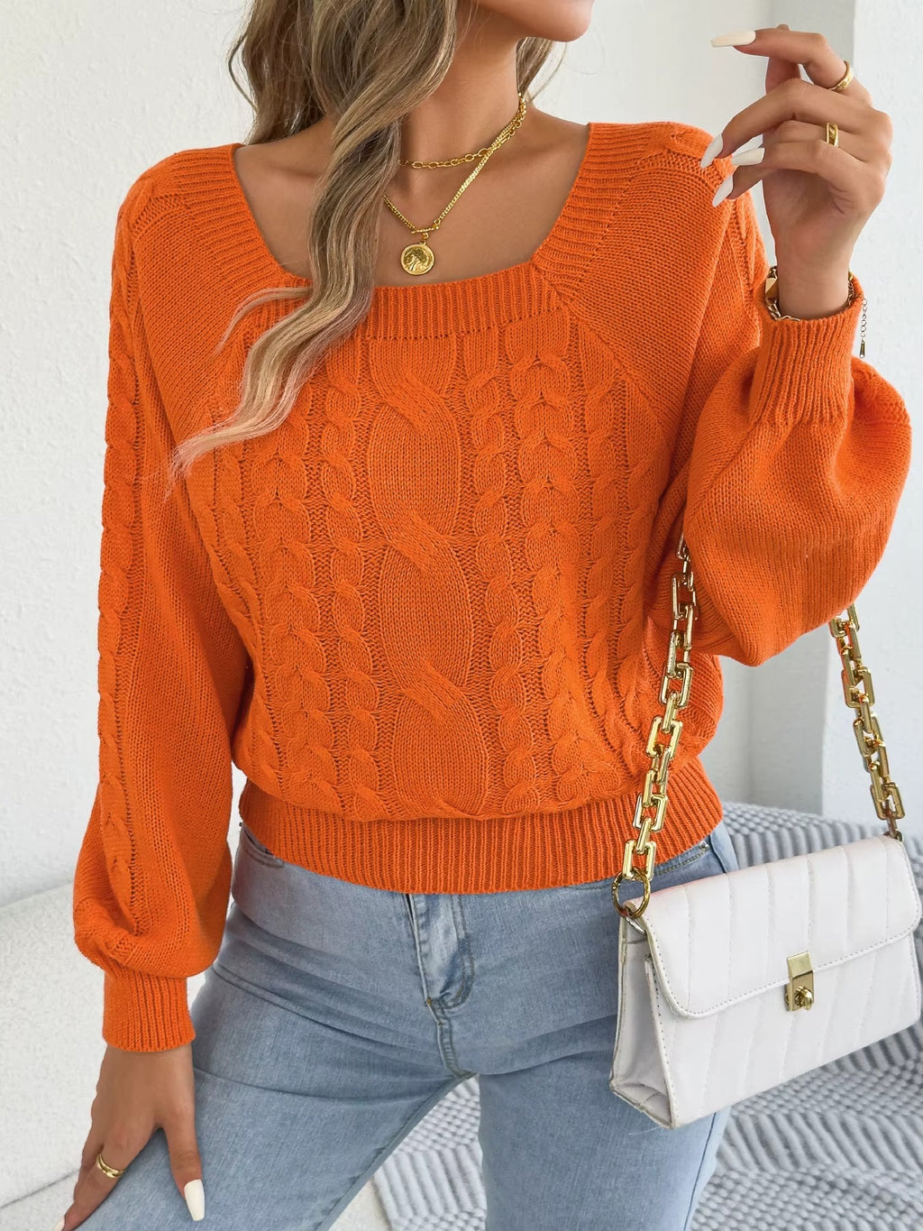 Woman Square Neck Lantern Sleeve Pullover